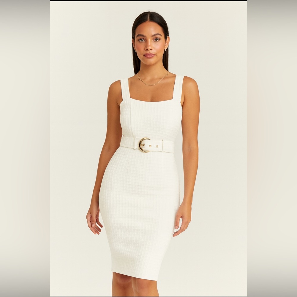 Elegant White Textured Bodycon Midi Dress with Belt -Cocktail Look